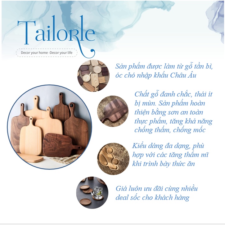 【TALORLE】Khay gỗ 3 ngăn trang trí đồ ăn, dùng sơn an toàn thực phẩm decor trang trí chụp ảnh, trang trí đồ ăn