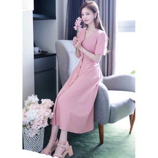 Đầm váy freesize hồng nút bọc form dài