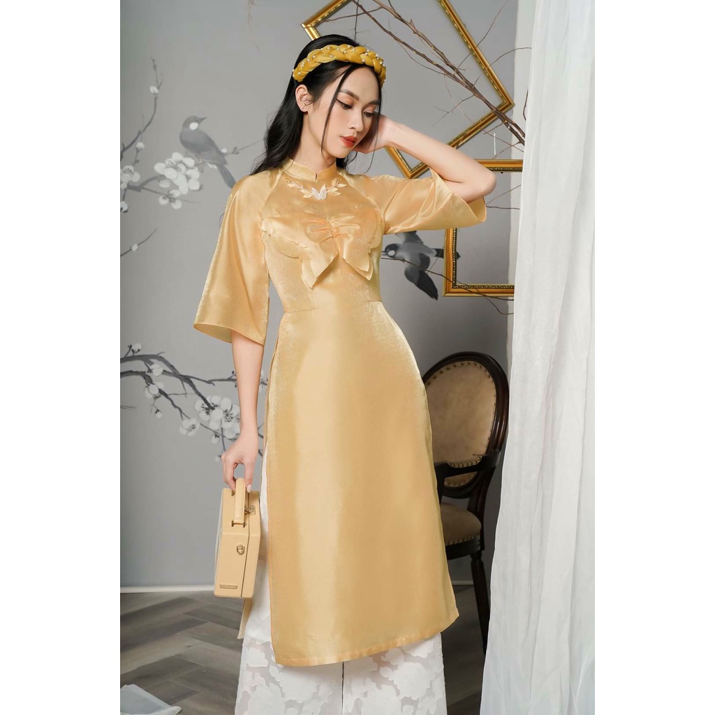Áo Dài Cách Tân Nữ Tơ MON Tiểu Thư Điệu Đà 3 Màu Đỏ - Vàng - Hồng Siêu Xinh