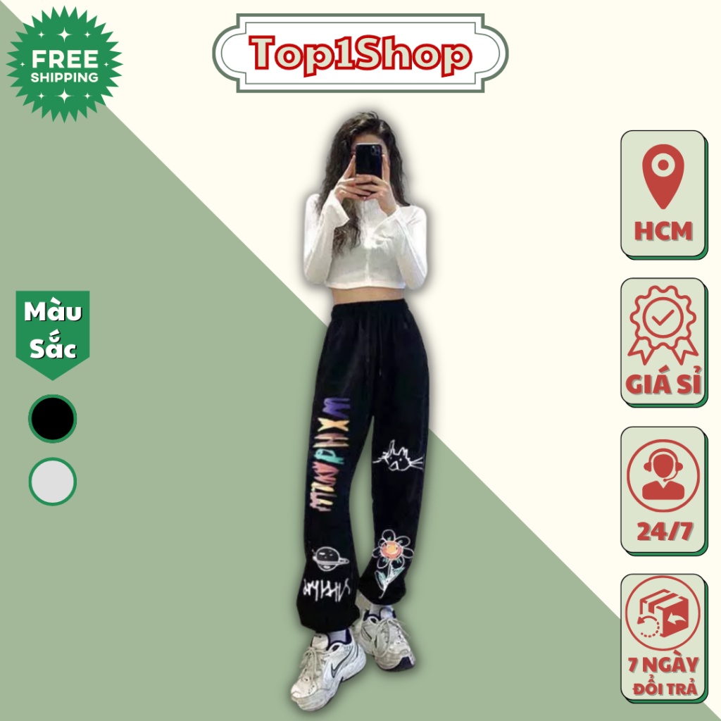 Quần ống rộng thể thao Unisex họa tiết Hoa Zumbie HXM chất nỉ bông cao cấp có dây rút ở gấu mặc được 2 kiểu