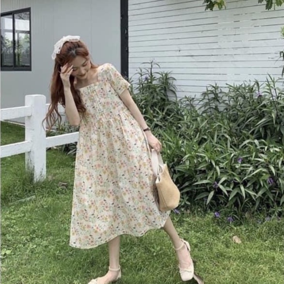 Váy Babydoll Hoa Cổ Vuông, Đầm Chữ A Form Suông Dài Cột Eo , Labibi