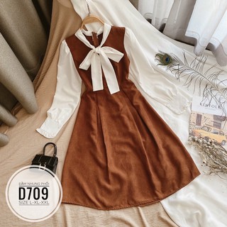 Bigsize Đầm nhung phối nơ cổ D709