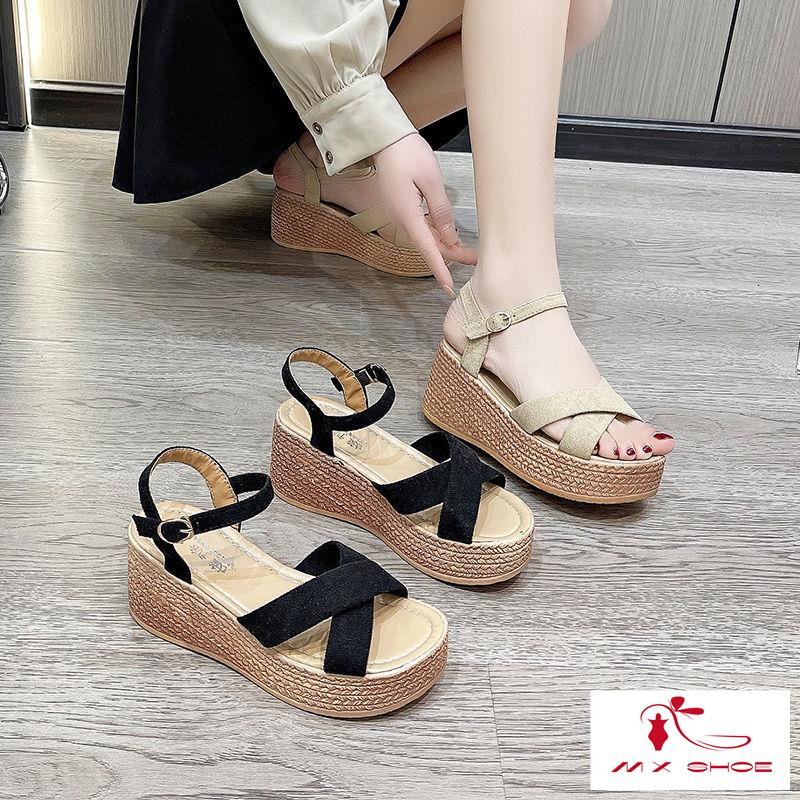 M & X~ Giày Sandal Cao Gót Đế Dày 2022 Cho Nữ Đi Biển La Mã