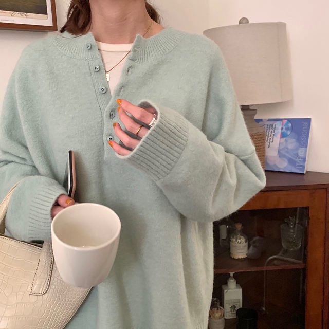 Áo Sweater cổ tròn dáng rộng phối nút phong cách Hàn Quốc đơn giản thời trang cho nữ
