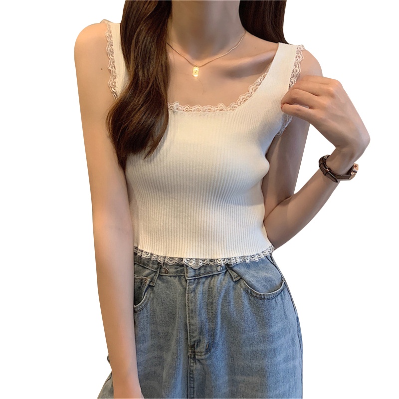 Áo Croptop Dệt Kim Cổ Vuông Không Tay Phối Ren Gợi Cảm Cho Nữ