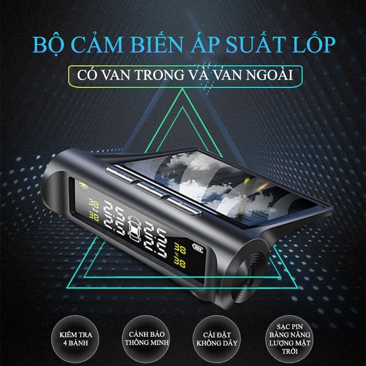 Bộ cảm biến áp suất lốp TPMS van trong, van ngoài, kháng nước IP67, năng lượng mặt trời, màn hình led màu - D1056