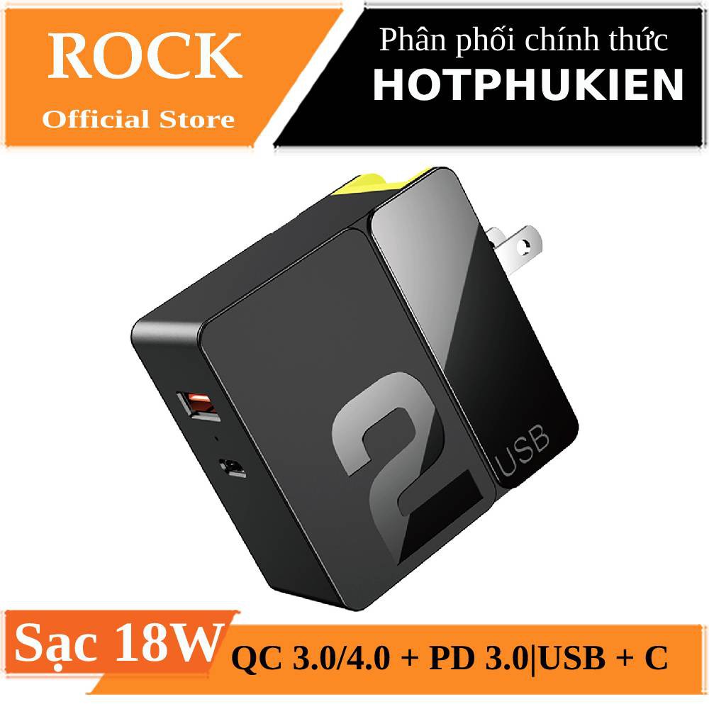 Adapter củ sạc nhanh 18W đa năng 2 cổng USB và PD Type-C chính hãng Rock Sugar Fast Charger QC 3.0 / 4.0