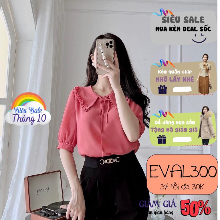 Áo sơ mi tay lỡ voan cổ đức gắn nơ dây trơn chất vải voan xước cao cấp thoáng mát EvaLover