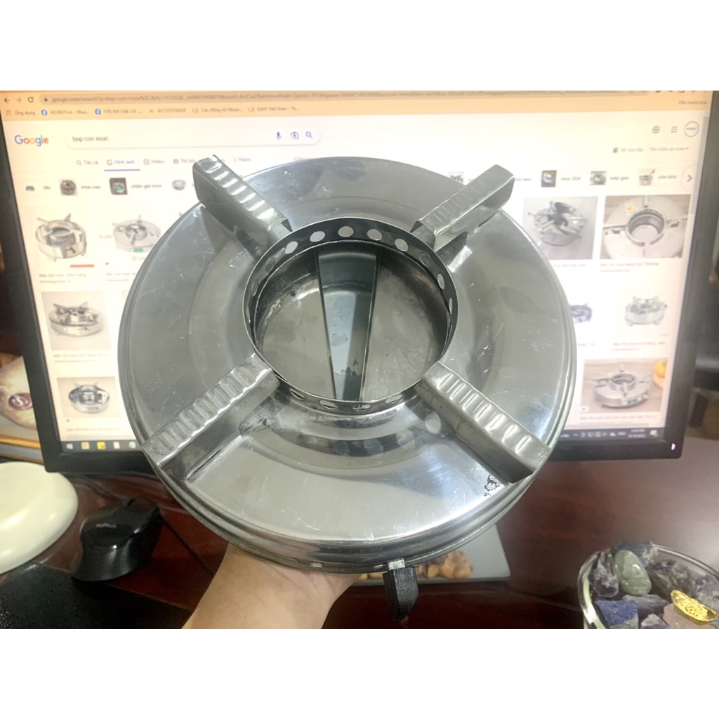 COMBO Bếp cồn inox FUJISHI + Vỉ nướng tráng men chống dính -  - bếp lẩu cồn tròn mini + Vỉ nướng