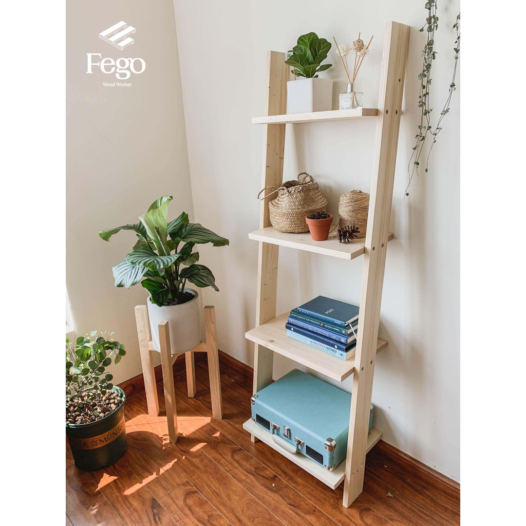 Kệ thang gỗ trang trí 4 tầng FEGO để sách decor nhà cửa