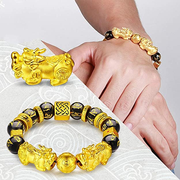 Vòng Đeo Tay May Mắn Xâu Hạt Đá Obsidian Vàng Mang Lại May Mắn Phong Thủy Có Thể Điều Chỉnh Unisex