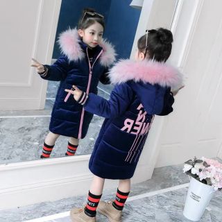 (trả hàng) Áo khoác nhung mũ lông dáng dài cho bé gái mẫu mới