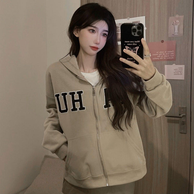 Áo Khoác Hoodie Tay Dài Dáng Rộng Thêu Họa Tiết Xinh Xắn Dễ Phối Đồ