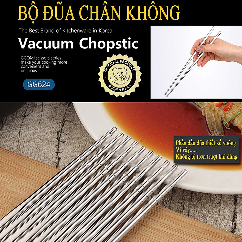 [HÀNG CHÍNH HÃNG]Bộ 10 đôi đũa inox hút chân không siêu nhẹ an toàn cho sức khỏe, dài 28cm GGOMi Hàn Quốc GG624