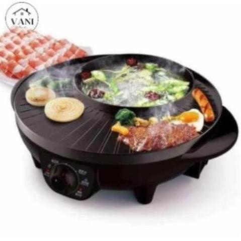 Nồi lẩu nướng tròn 2 ngăn Hàn Quốc 2in1 cao cấp - Lẩu nướng điện 2 trong 1 Thái Lan mặt đá