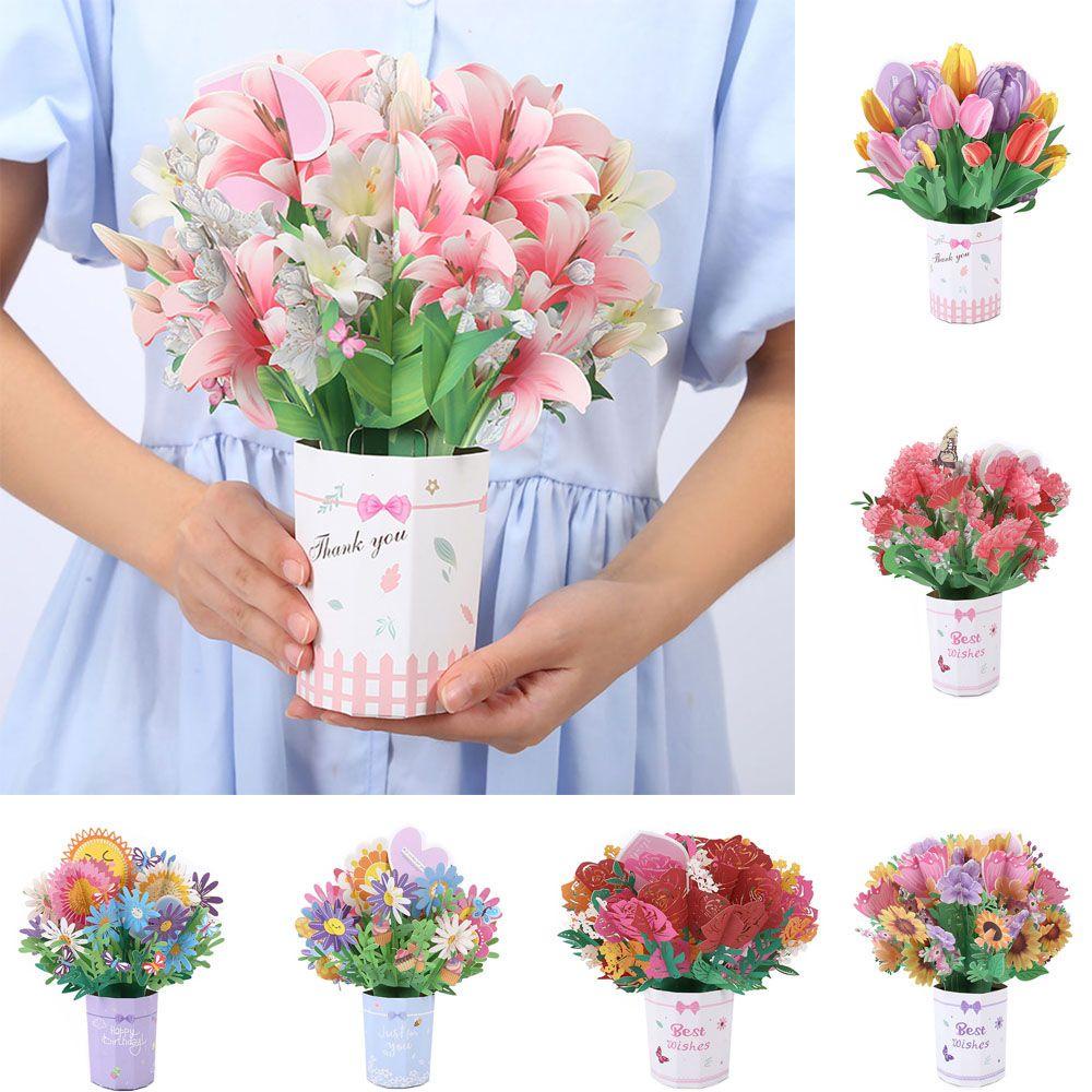 LAKAMIER Thiệp Nổi 3D Hình Hoa Hồng / Lily / Hướng Dương / Hoa Tulip Xinh Xắn