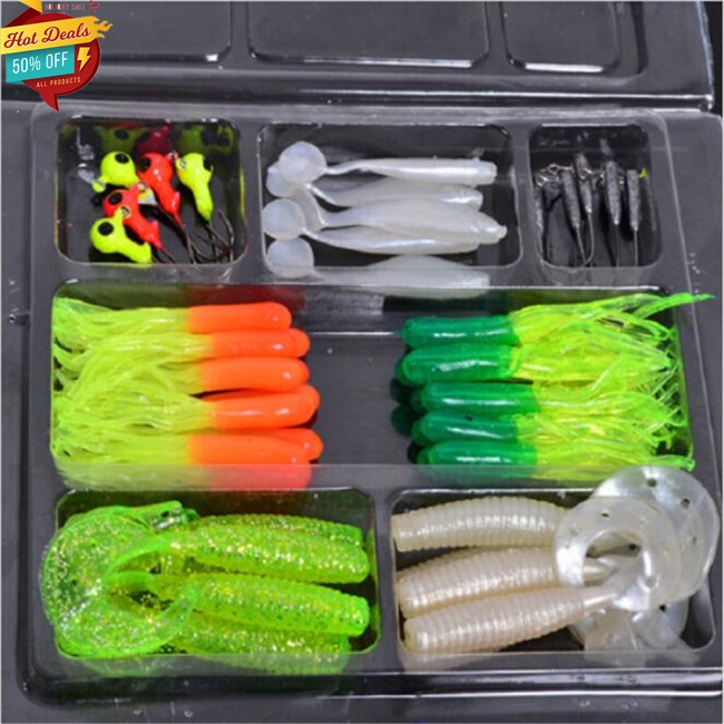 Set 35 mồi câu cá giả hình sâu mềm và 10 đầu móc cong
