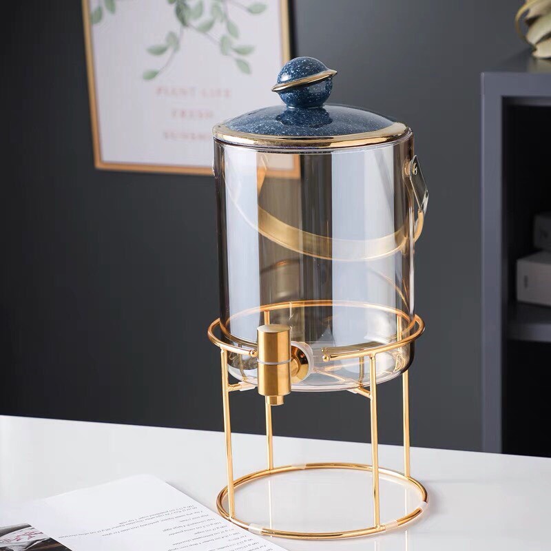 Bình thủy tinh đựng nước hoa quả,đựng rượu có vòi kệ inox vàng sang trọng tinh tế