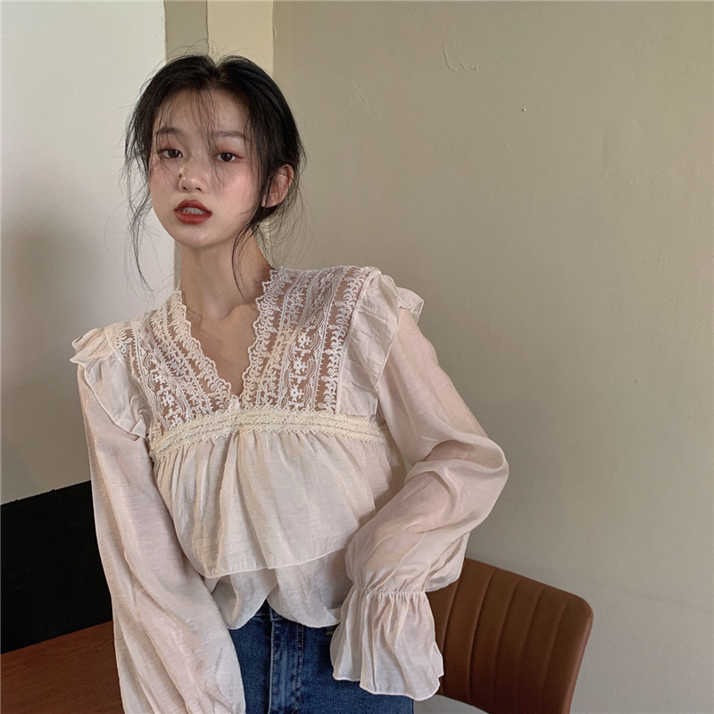 Korean V-neck Women's Blouse Casual Lace Stitched Long Sleeve Shirt Top