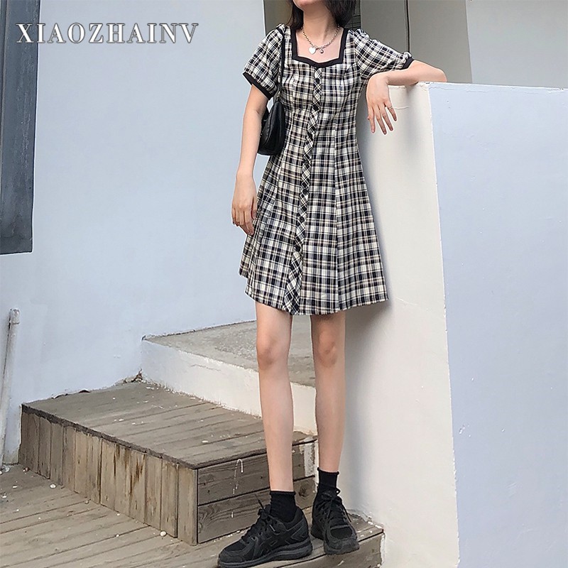 Xiaozhainv Đầm Tay Ngắn Dáng Chữ A Cổ Vuông Họa Tiết Caro Thanh Lịch Dành Cho Nữ | BigBuy360 - bigbuy360.vn