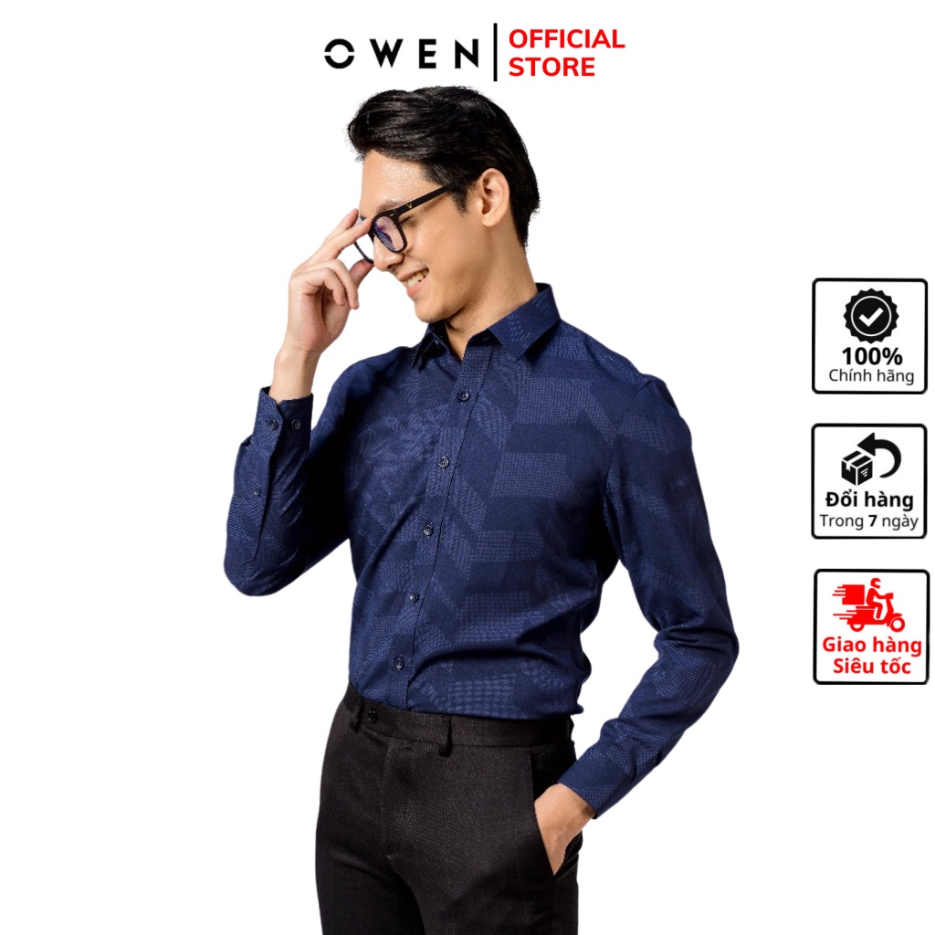 Áo sơ mi nam dài tay OWEN AS23373D somi công sở vải sợi tre cao cấp màu xanh cô ban đậm dáng ôm tà lượn không túi