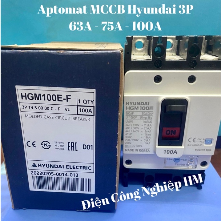 Aptomat MCCB 3 Pha HGM100E-F Hyundai dòng 63A~100A - Chính Hãng, Át Tô Mát Khối Cầu Dao Điện 3P