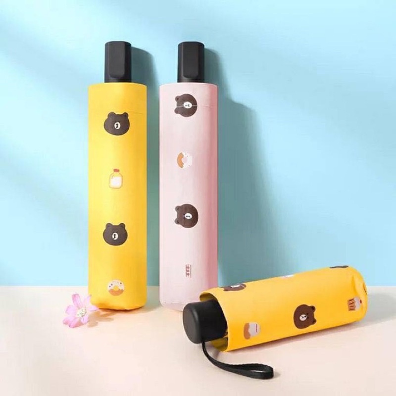 Ô Dù che mưa che nắng Gấp Gọn Hình Gấu Brown Vải 3 Lớp