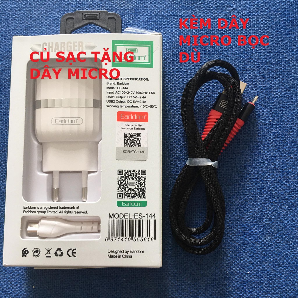 Bộ sạc nhanh Earldom ES-144 2 cổng 2.4A Hàng chính hãng Tặng kèm cáp micro USB