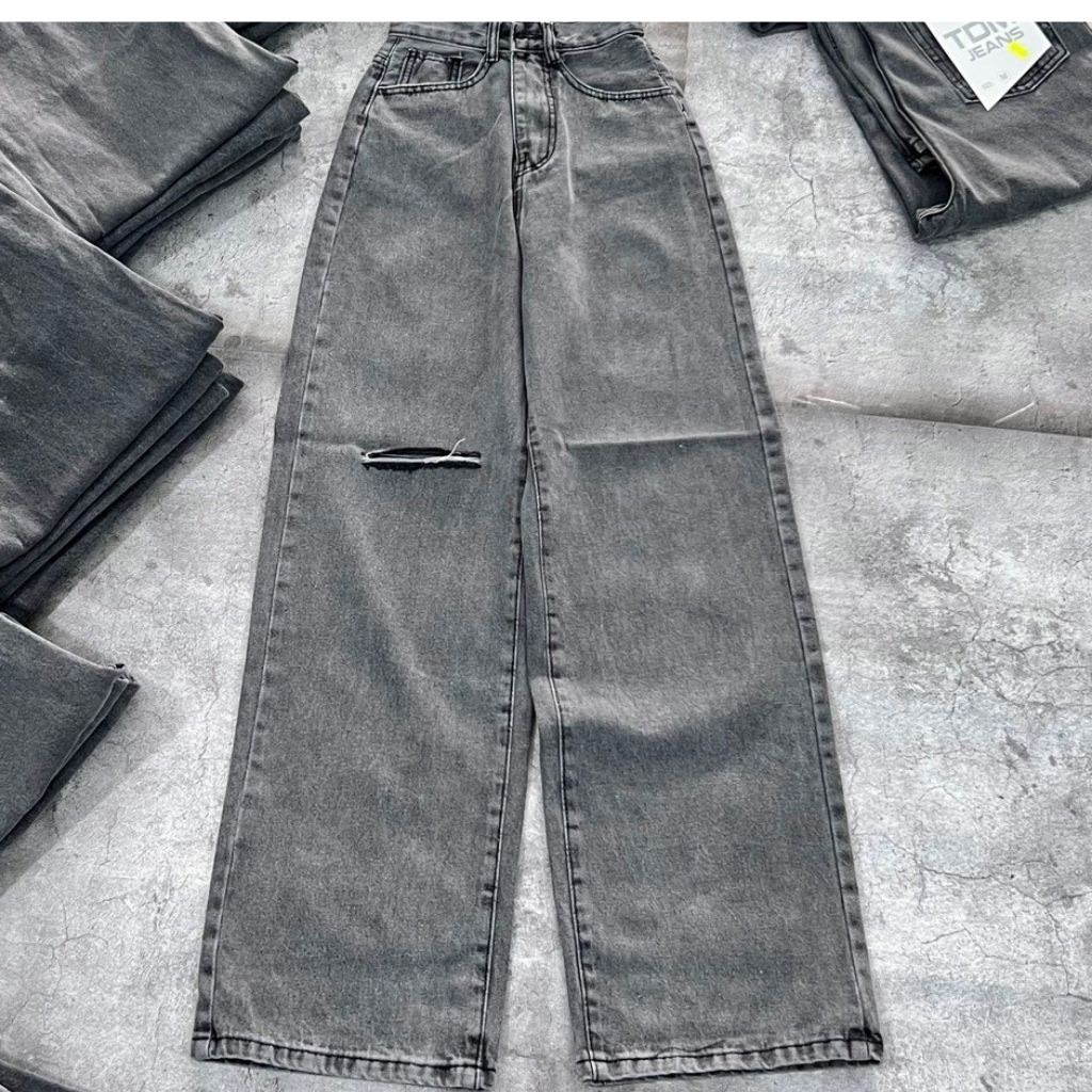 Quần bò ống rộng nữ lưng cao màu xám chất bò dày dặn size s m l