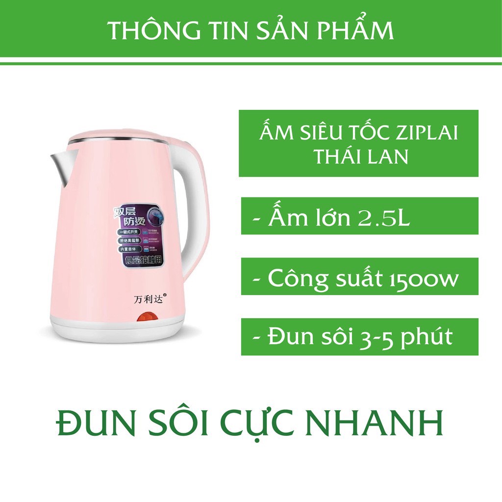 Ấm Siêu Tốc JIPLAI THÁI LAN Cao Cấp 2.5L 2 Lớp Cách Nhiệt, Ấm Đun Siêu Tốc 2 Lớp Loại Lớn, Nồi Đun Nươc Tiện Lợi