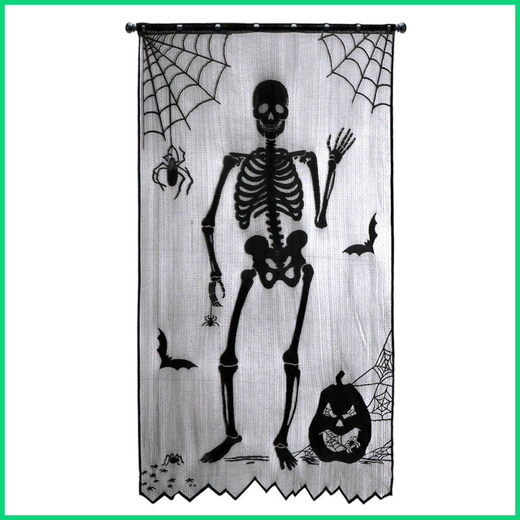 Rèm Cửa Sổ Ren Đen Hình Bộ Xương Người Dơi Bay Cho Halloween