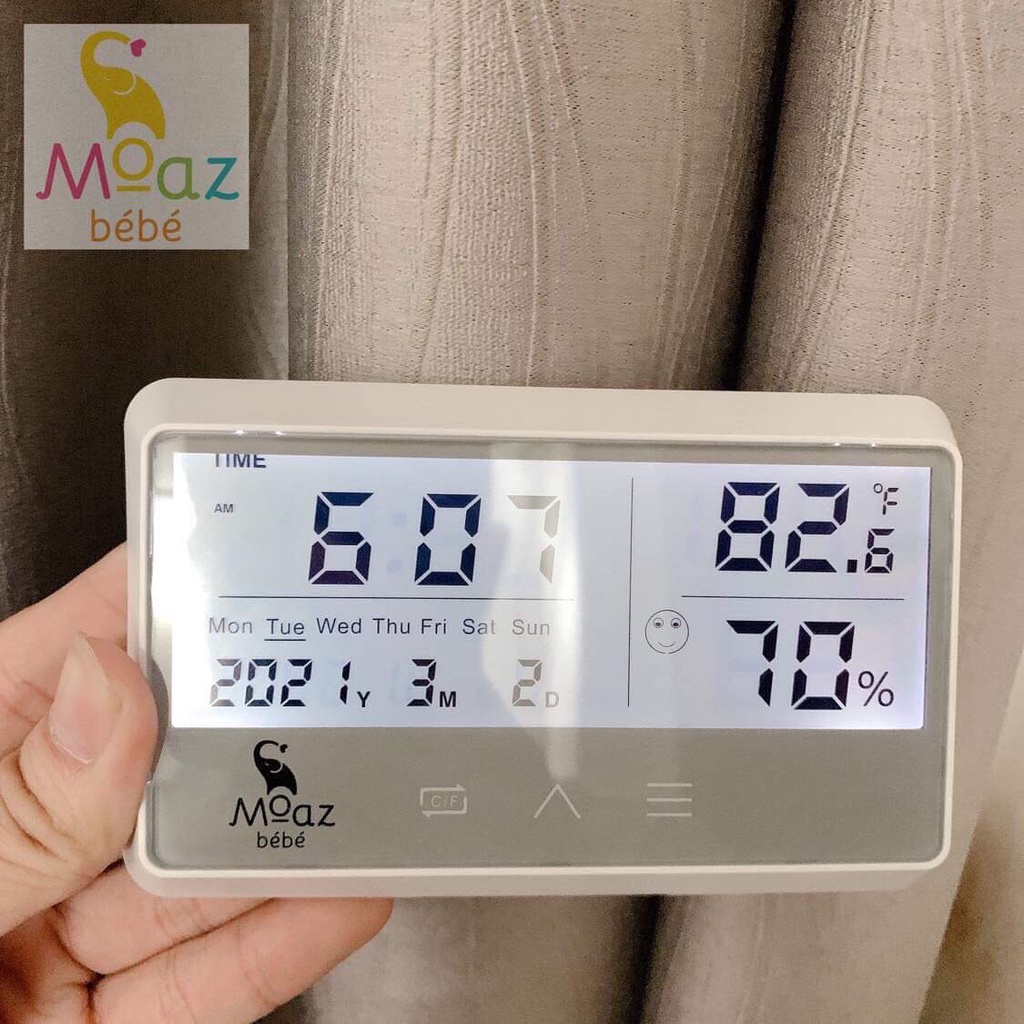 [BH CHÍNH HÃNG 1 NĂM] Nhiệt kế đo độ ẩm và nhiệt độ phòng, đồng hồ báo thức MOAZ BEBE MB-027 &quot;Nhiệt kế đa năng''
