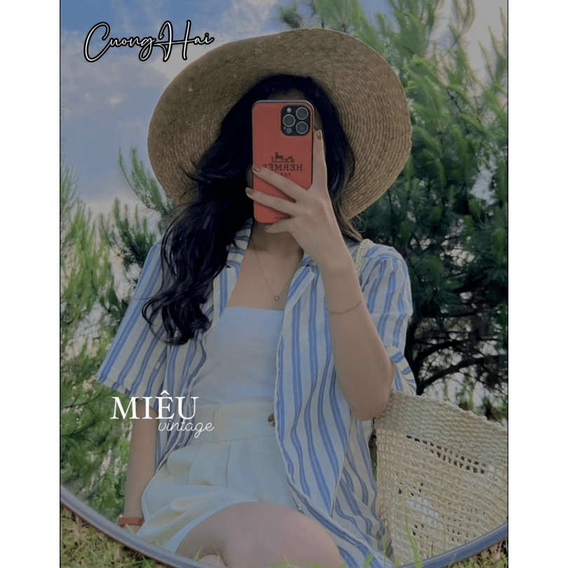 (Free Ship) Sét Áo Sơ Mi Cổ Vest Sọc Xanh Quần Sooc Siêu HOT UP Valetina Shop