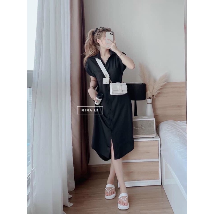 Váy sơ mi đũi mát có 2 túi, váy sơ mi xuông đũi ngọc trai - SHOP THƠM PHẠM