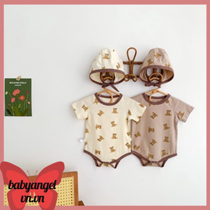 Bộ Áo Liền Quần Tay Ngắn Chất Liệu Cotton In Hình Gấu Kèm 1 Nón Cho Bé Sơ Sinh 0-2 Tuổi