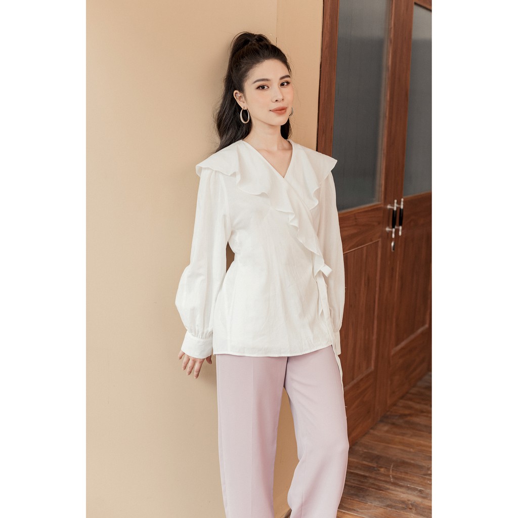 Áo sơ mi nữ S P A O cổ bèo vạt chéo