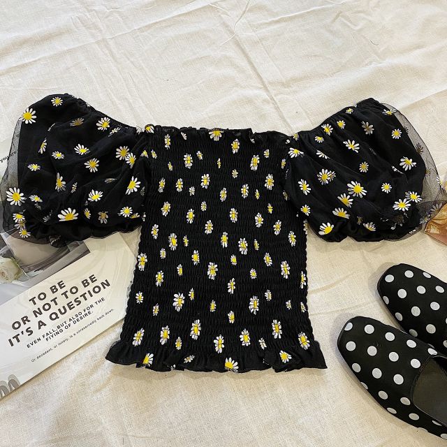 ÁO CROPTOP TRỄ VAI HỌA TIẾT HOA CÚC HỌA MI SIÊU XINH BO CHUN