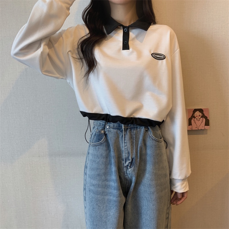 【ZHELIHANGFEI】Áo Thun Dài Tay Cổ Bẻ Phối Dây Rút Eo Cao Thời Trang