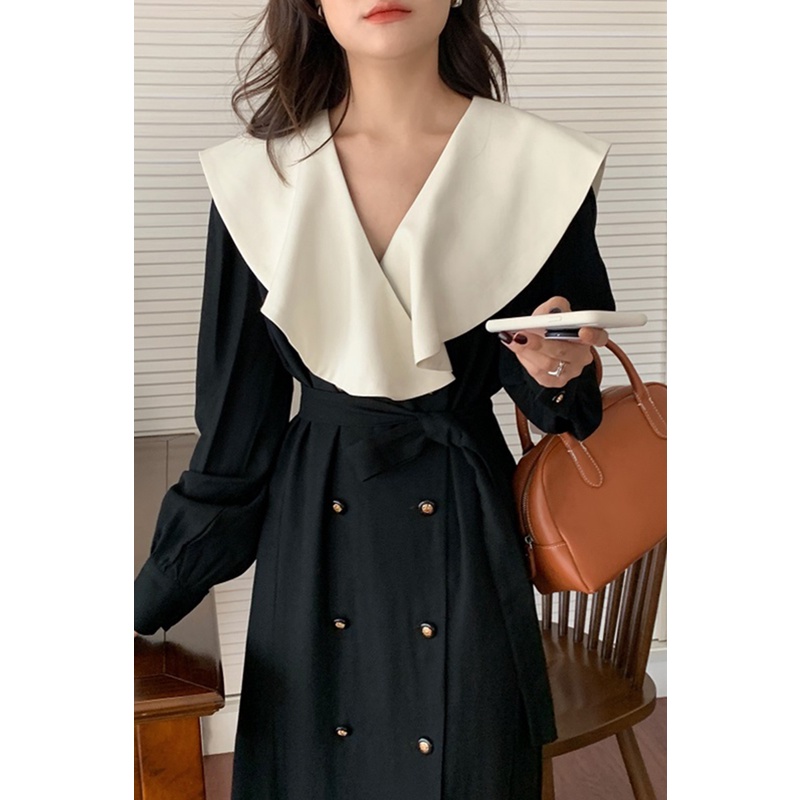 Váy dài tay kiểu Pháp, cổ phối bèo rộng màu trắng, thon eo cài khuy style sang trọng vintage