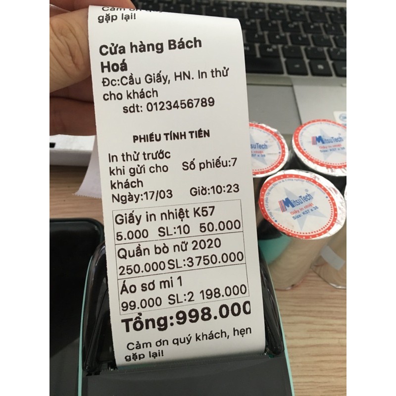 100 cuộn giấy in nhiệt k57 cao cấp MAX PAPER HAPPY Mitsutech KHAMIPAPER