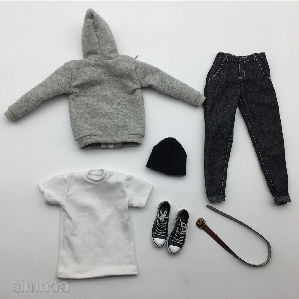 [SIMHOA] 1:6 Scale Male Mens Clothes Hoodie T-shirt Jeans Belt Cap Canvas Shoes Set