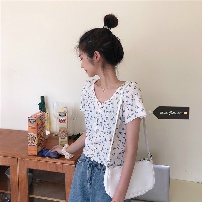 Áo croptop hoa nút chất cotton gân mịn đẹp