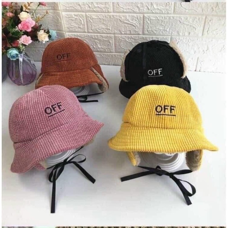 Mũ OFF nỉ nhung lót lông cừu kèm bịt tai 2 in 1 ( cho bé trai và gái từ 2-5 tuổi)