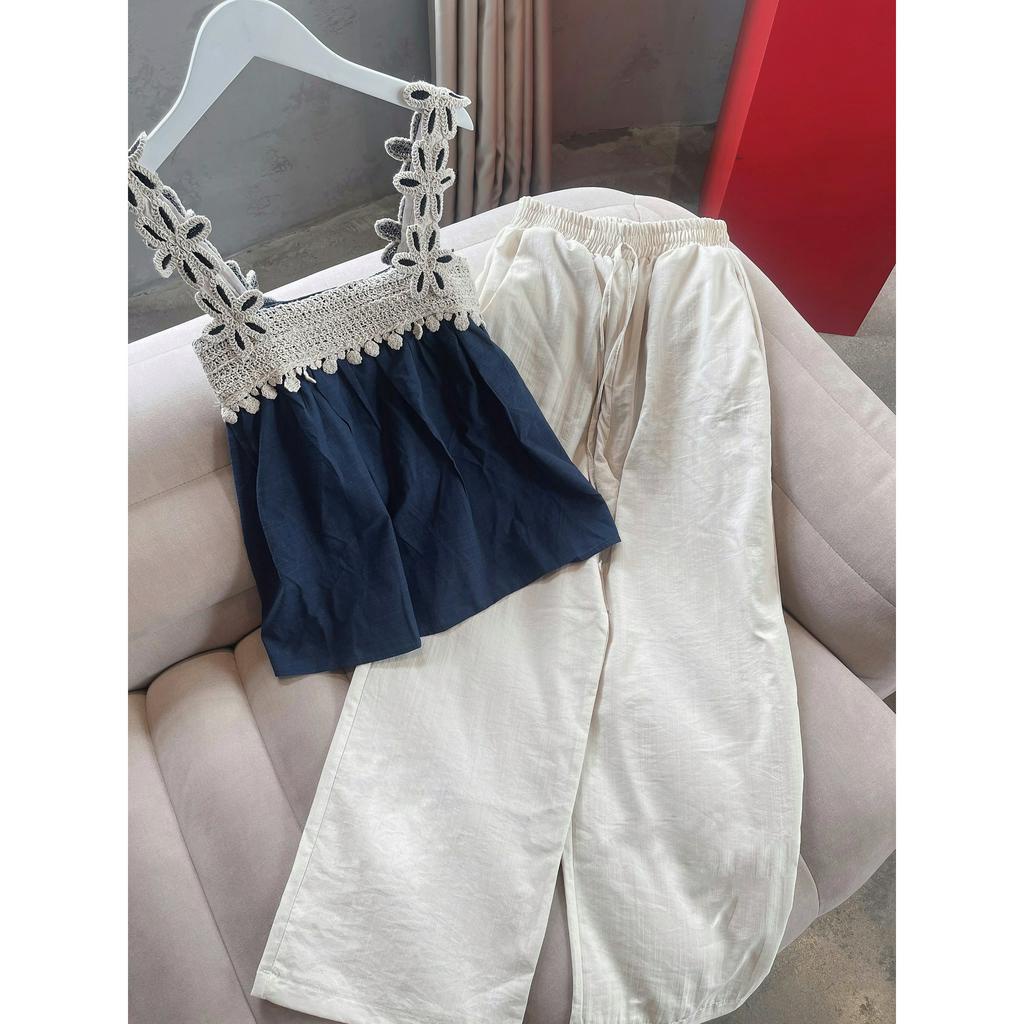 Set hai dây đũi xước thiết kế áo phối ren thêu quần ống sớ đi biển Jullie.De'Clothing