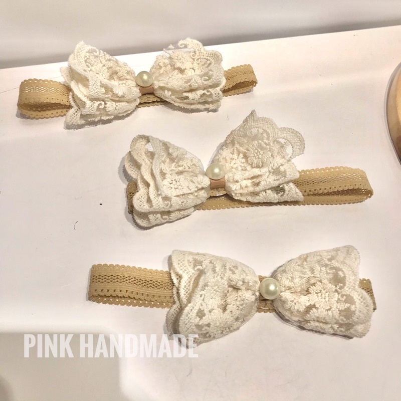Băng đô turban ren hạt trai handmade cho bé