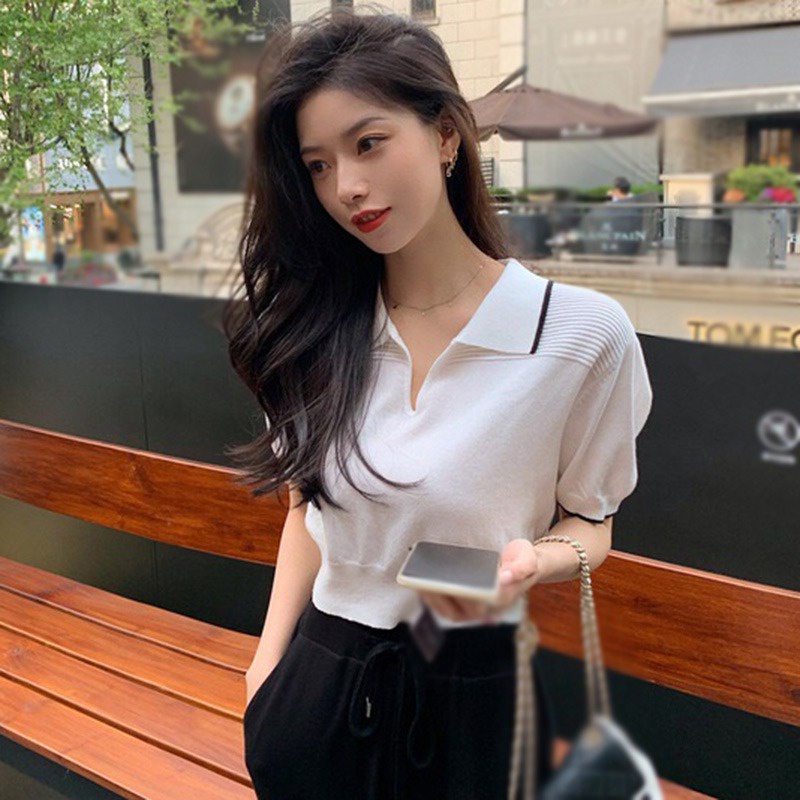 Áo Thun Dệt Kim Tay Ngắn Cổ Bẻ Đơn Giản Phong Cách Retro Mùa Hè Cho Nữ