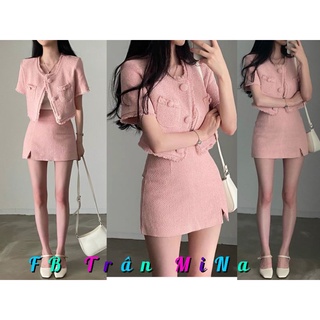 Set áo crop dạ hồng nút bọc + chân váy