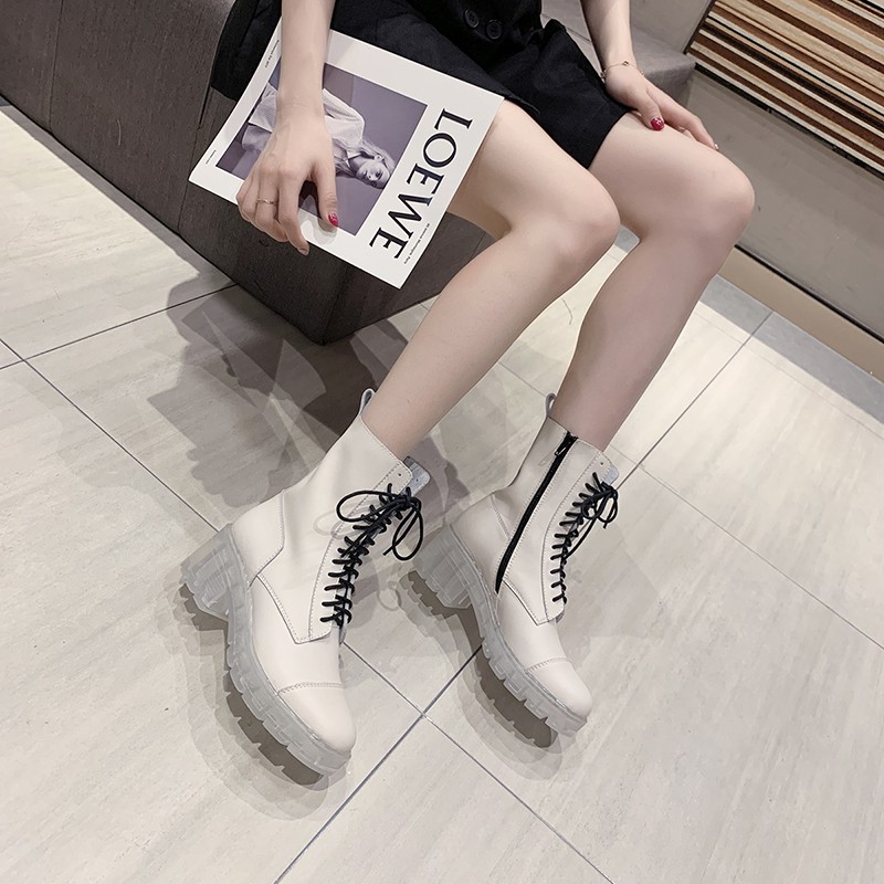 Boot da trắng đen cổ cao có khóa đế trong cao 6cm kiểu dáng Hàn Quốc  - Kèm ảnh thật