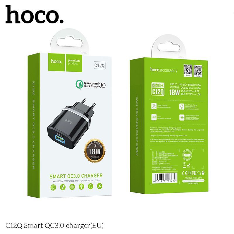 Củ Sạc Nhanh 18W Hoco C12Q - Cốc Sạc Nhanh Cổng USB Hỗ Trợ QC3.0, QC2.0
