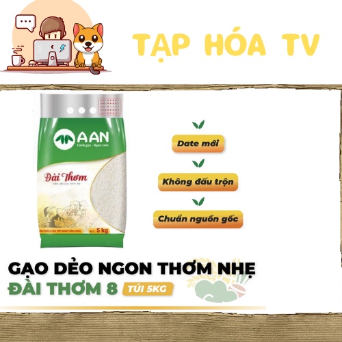 Combo 5 Túi Gạo Đài Thơm 8 - Gạo Dẻo, Ngon, Mùi Thơm Nhẹ - Top 3 Gạo Ngon Việt Nam - Gạo A An Túi 5kg (Date Mới)